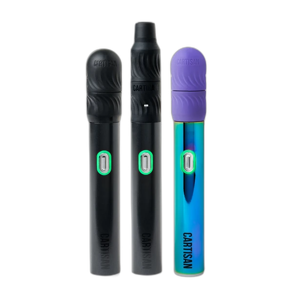 Cartisan Flex vaporizer in Black with wax and flower atomizers and in Rainbow
