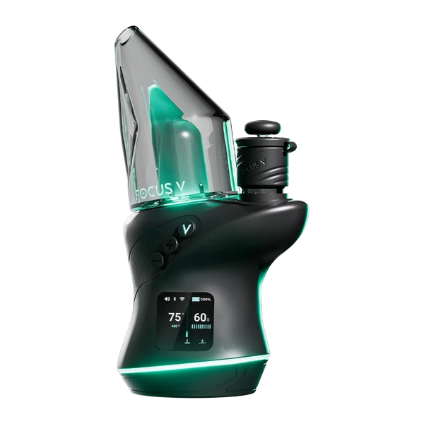 Focus V CARTA 3 Kit, three quarter front view with glass top, carb cap and lit screen