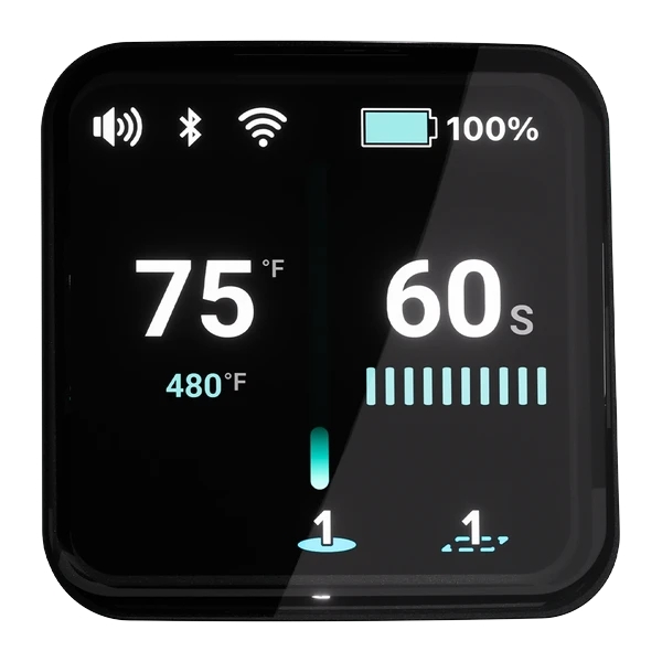 Focus V CARTA 3 Kit, OLED screen showing 75F, 480F set temperature and a 60 second timer