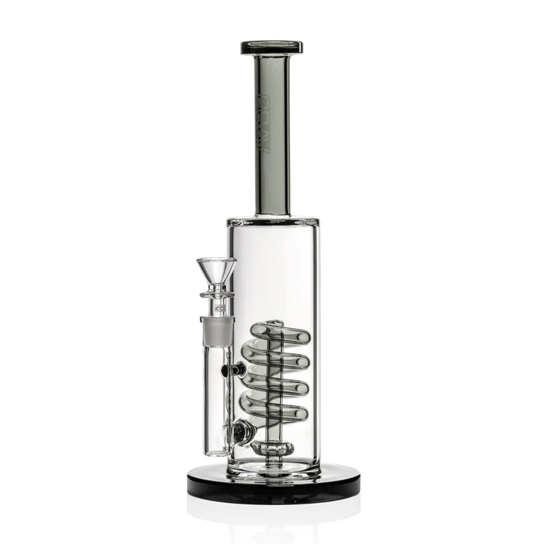 GRAV GRAV Coil Showerhead Water Pipe – 14-inch smoke-tinted borosilicate glass bong with coil pathway and showerhead percolator