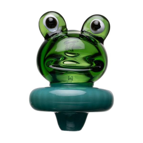 Human Grade Frog Carb Cap, green glass with blue base