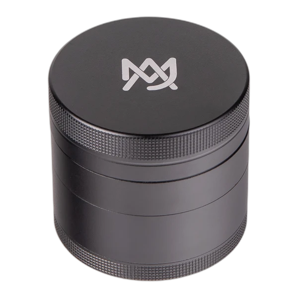 MJ Arsenal 4 Piece Grinder – 2.2" black aluminum four-piece grinder with MJA logo lid