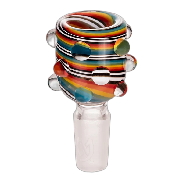 MJ Arsenal Hobnail Rainbow Bowl – 14mm handmade glass bowl with rainbow wig-wag stripes and dichro marbles
