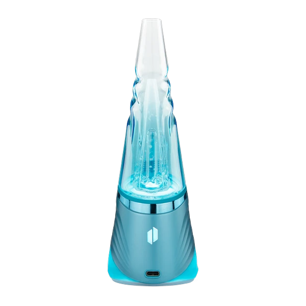 Puffco Peak Pro 3DXL Glacier lit from behind with its glass glowing blue