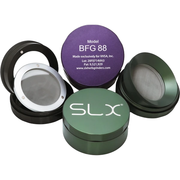 SLX 3.5" BFG grinders in black, purple and green, with black and green opened to show the mesh pollen screen