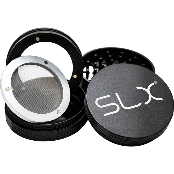 SLX 3.5" BFG grinder in black, opened into its pieces with the mesh pollen screen and SLX logo lid