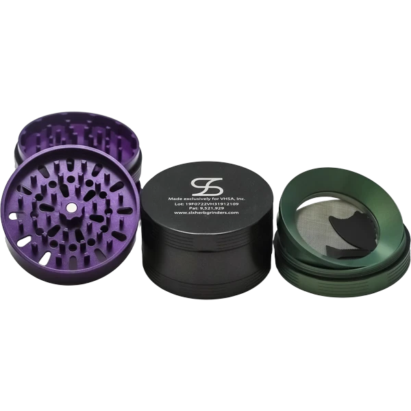 SLX grinders in purple, black and green: purple opened to show the teeth, black closed and upside down showing the base, green opened to show the screen